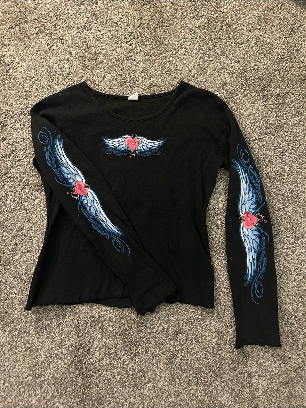 Black Long-Sleeve Graphic Tee with Blue Wing & Pink Heart Detail